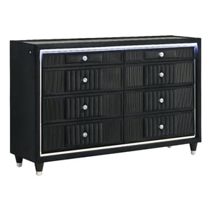 Pemberly Row 8-Drawer Velvet Upholstered LED Dresser in Black