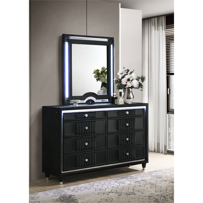Pemberly Row 8-Drawer Velvet Upholstered LED Dresser and Mirror in Black