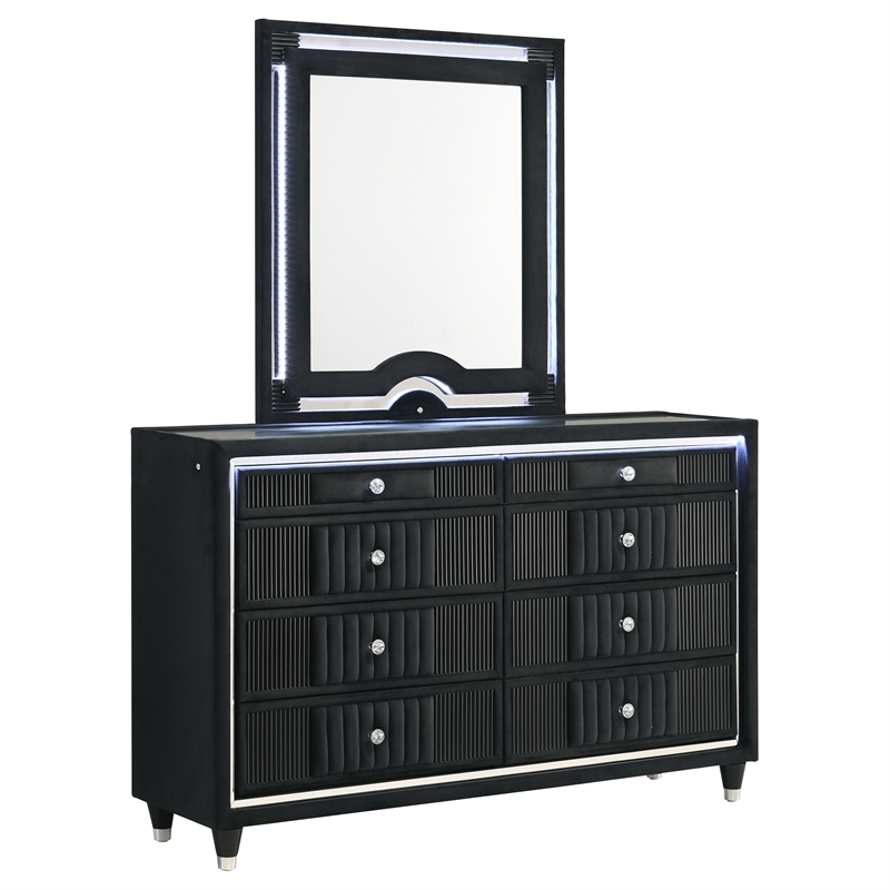 Pemberly Row 8-Drawer Velvet Upholstered LED Dresser and Mirror in Black