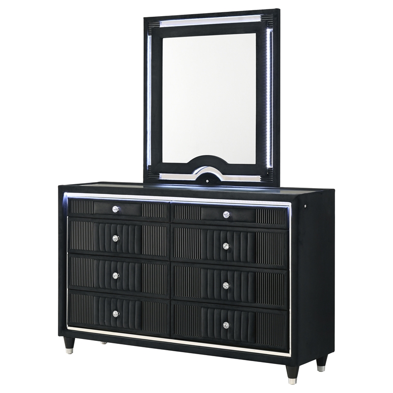 Pemberly Row 8-Drawer Velvet Upholstered LED Dresser and Mirror in Black