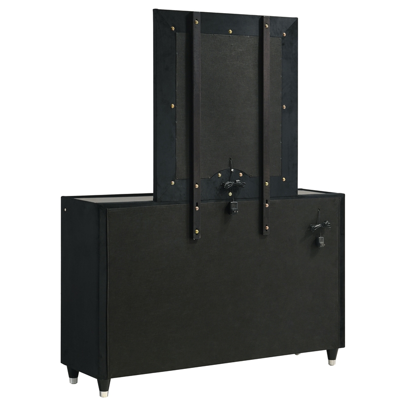Pemberly Row 8-Drawer Velvet Upholstered LED Dresser and Mirror in Black