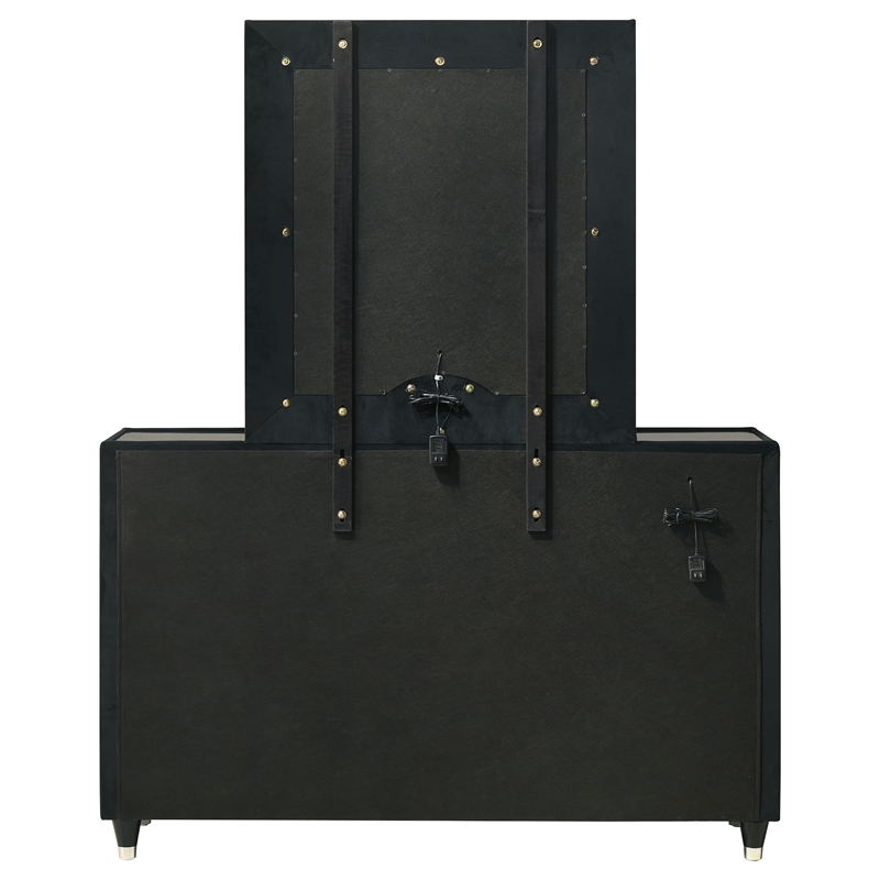 Pemberly Row 8-Drawer Velvet Upholstered LED Dresser and Mirror in Black