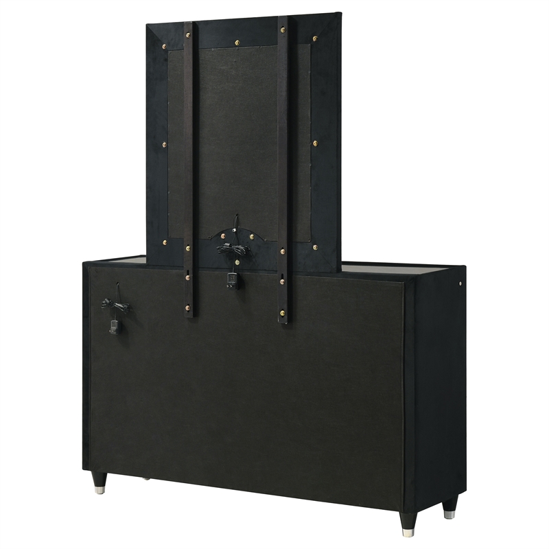 Pemberly Row 8-Drawer Velvet Upholstered LED Dresser and Mirror in Black