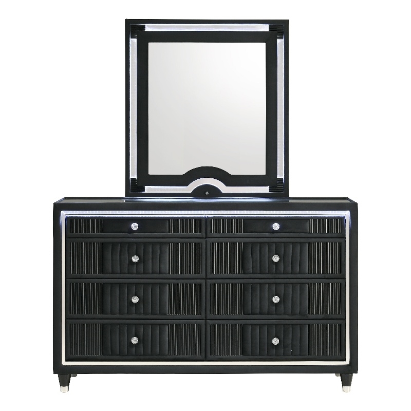 Pemberly Row 8-Drawer Velvet Upholstered LED Dresser and Mirror in Black