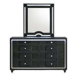 Pemberly Row 8-Drawer Velvet Upholstered LED Dresser and Mirror in Black