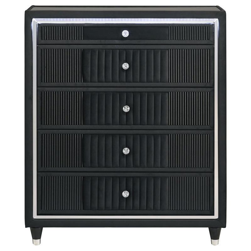 Pemberly Row 5-Drawer Velvet Upholstered LED Chest of Drawers in Black