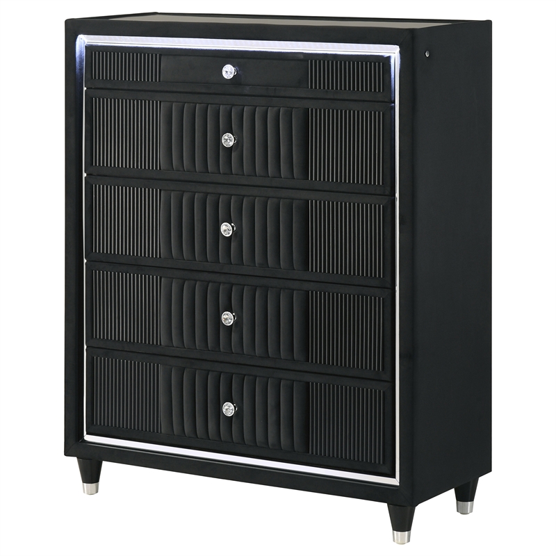 Pemberly Row 5-Drawer Velvet Upholstered LED Chest of Drawers in Black