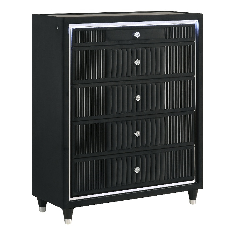 Pemberly Row 5-Drawer Velvet Upholstered LED Chest of Drawers in Black