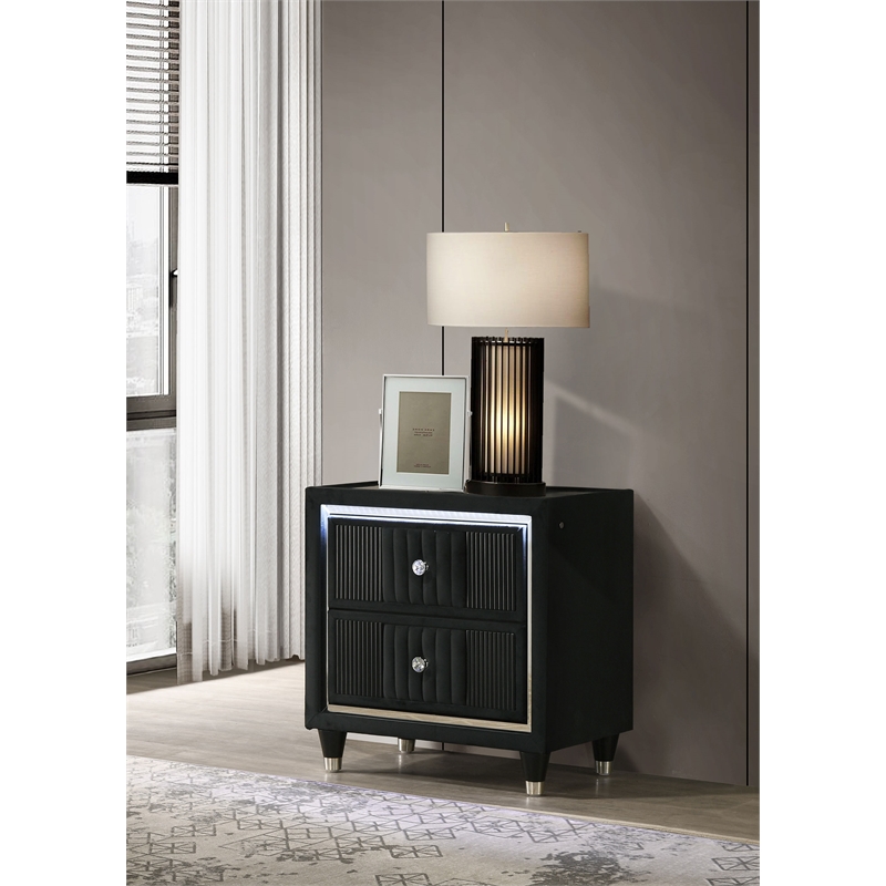 Pemberly Row 2-Drawer Velvet Upholstered LED Nightstand with USB in Black