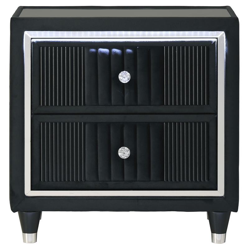 Pemberly Row 2-Drawer Velvet Upholstered LED Nightstand with USB in Black