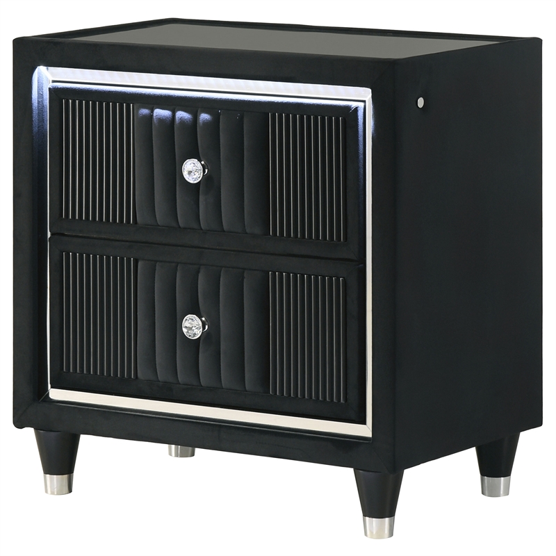 Pemberly Row 2-Drawer Velvet Upholstered LED Nightstand with USB in Black