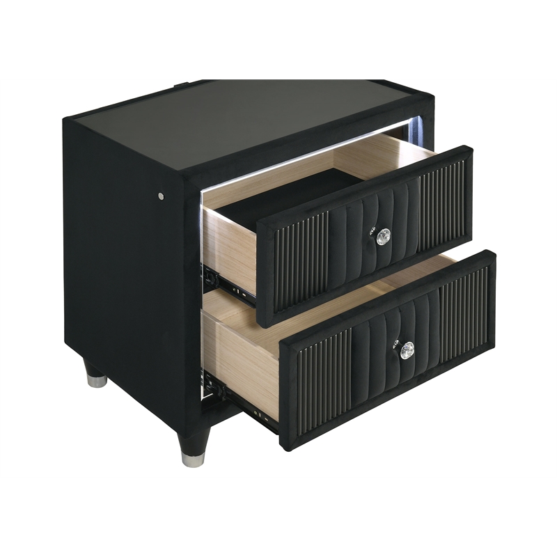 Pemberly Row 2-Drawer Velvet Upholstered LED Nightstand with USB in Black