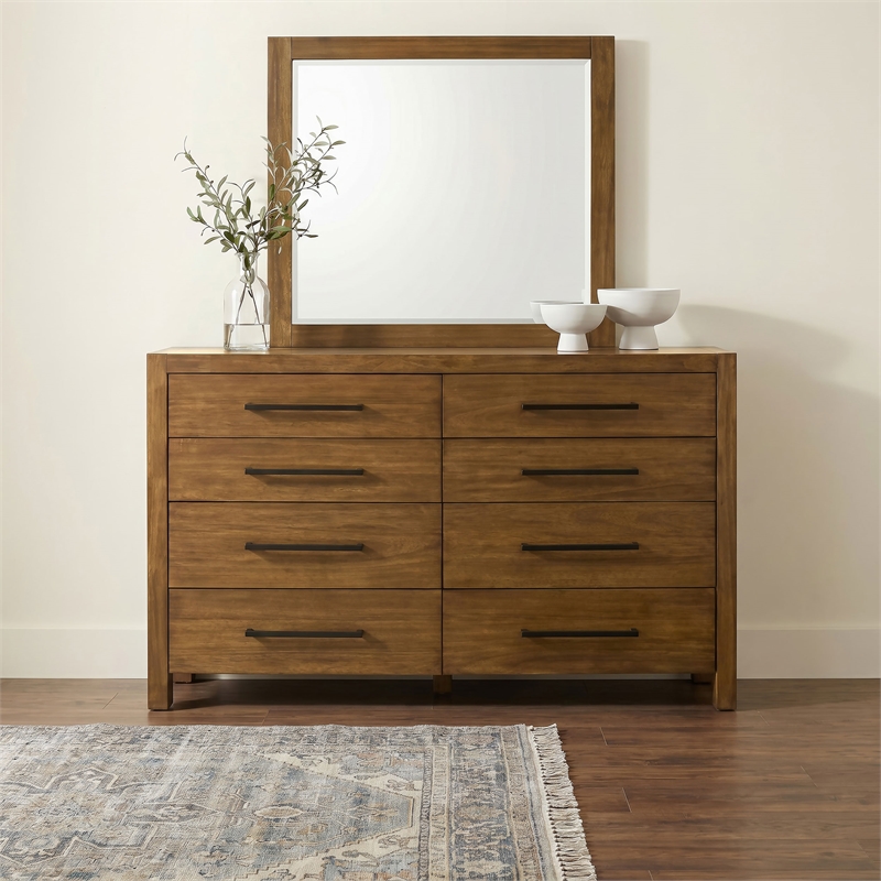 Pemberly Row 8-Drawer Wood Dresser and Mirror Set in Warm Brown