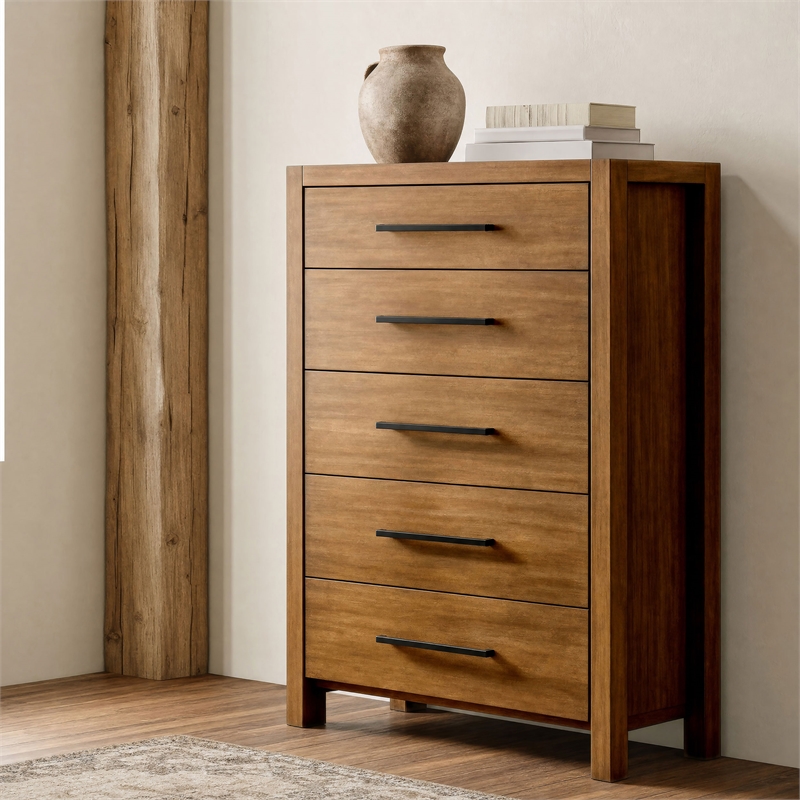 Pemberly Row 5-Drawer Transitional Wood Chest of Drawers in Warm Brown