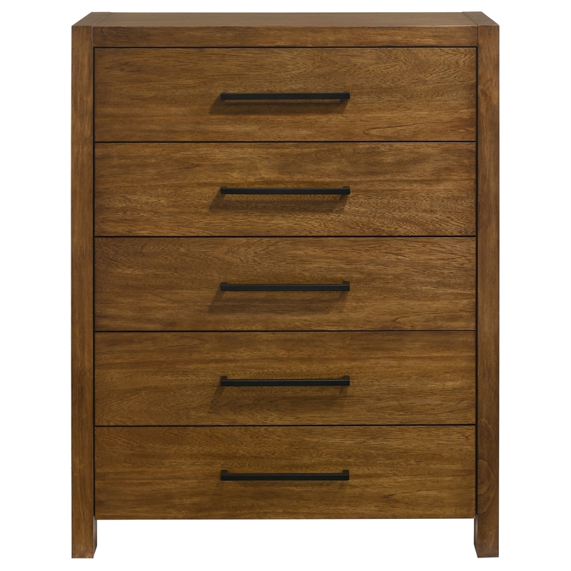 Pemberly Row 5-Drawer Transitional Wood Chest of Drawers in Warm Brown