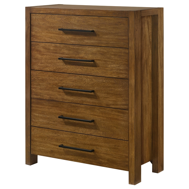 Pemberly Row 5-Drawer Transitional Wood Chest of Drawers in Warm Brown