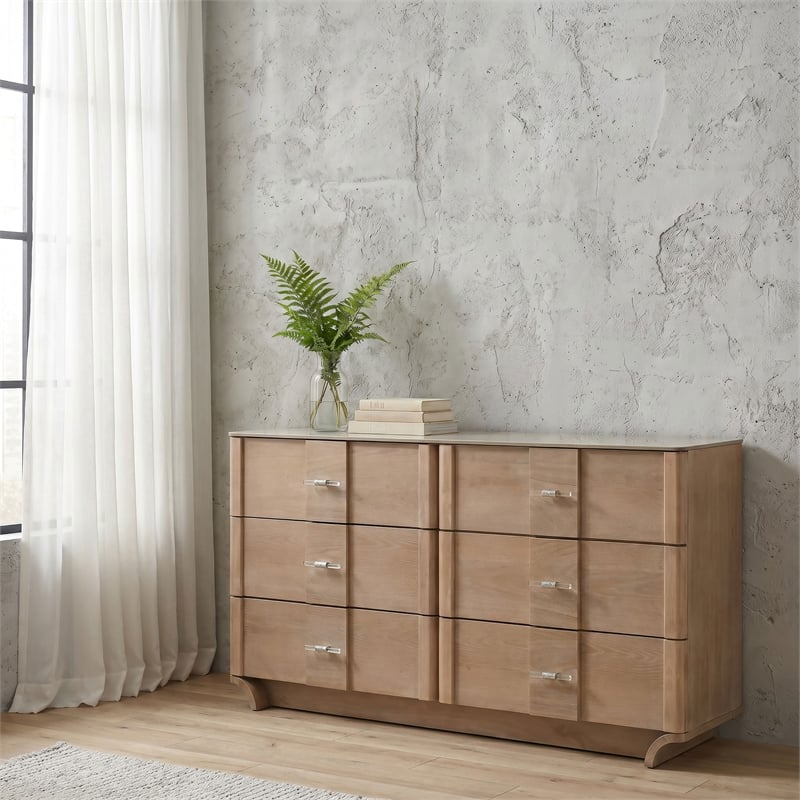 Pemberly Row 6-Drawer Sinter Stone Top Wood Dresser in Light Oak