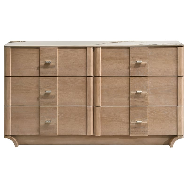 Pemberly Row 6-Drawer Sinter Stone Top Wood Dresser in Light Oak