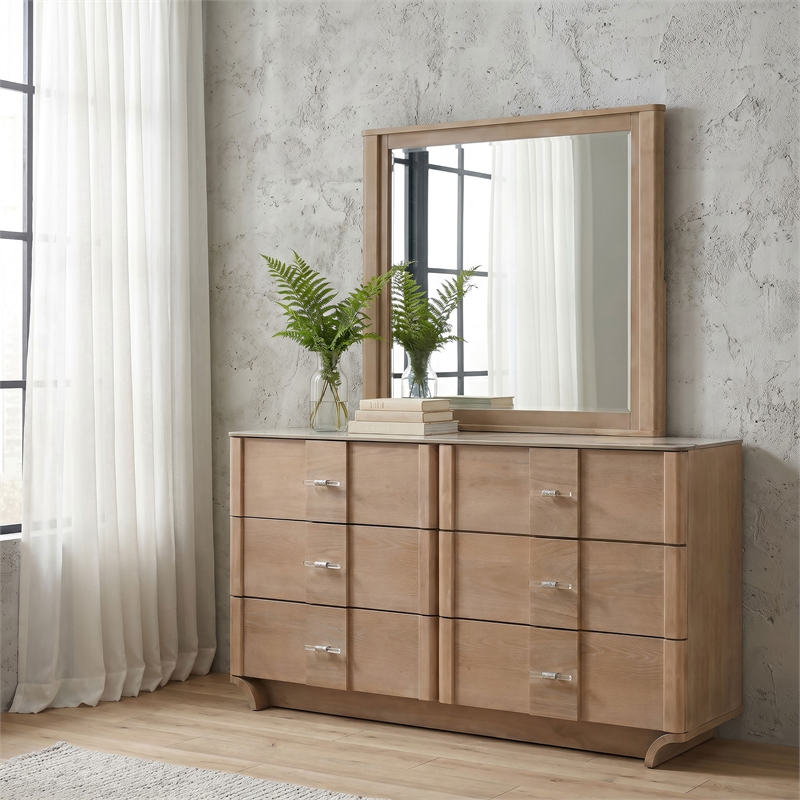 Pemberly Row 6-Drawer Sinter Stone Top Dresser and Mirror in Light Oak
