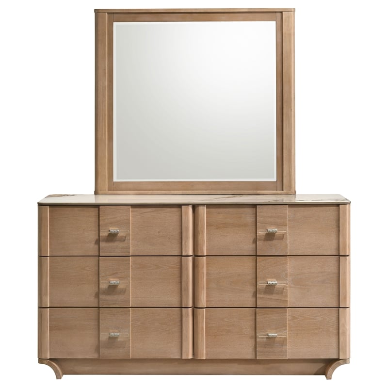 Pemberly Row 6-Drawer Sinter Stone Top Dresser and Mirror in Light Oak