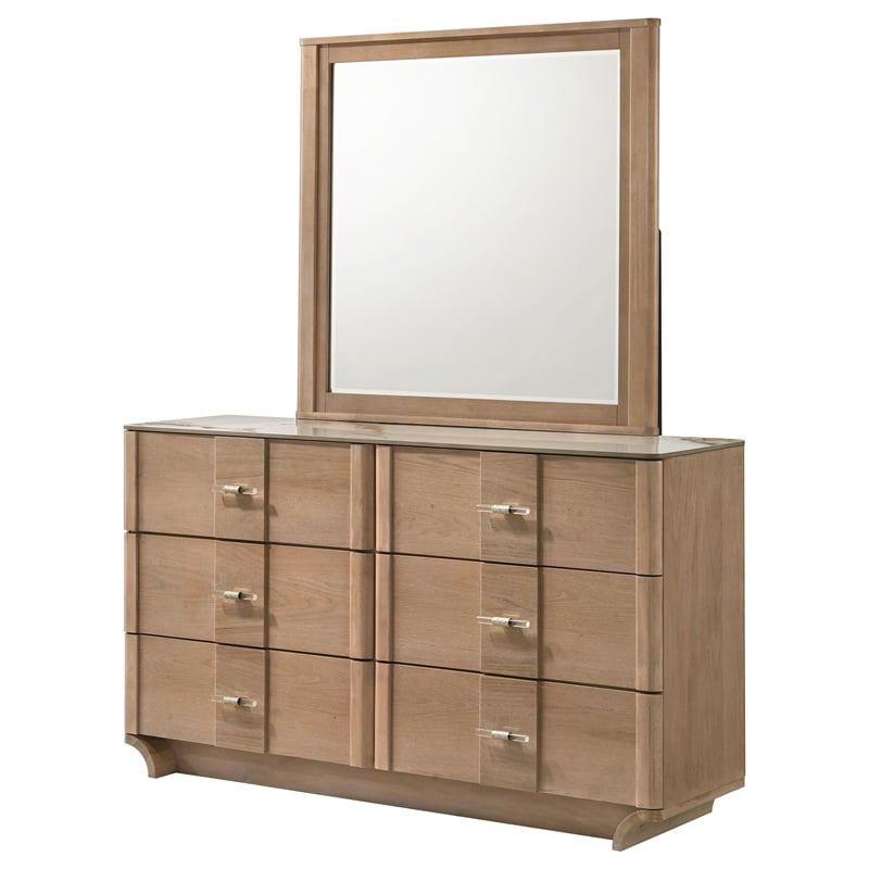 Pemberly Row 6-Drawer Sinter Stone Top Dresser and Mirror in Light Oak