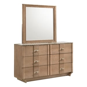 Pemberly Row 6-Drawer Sinter Stone Top Dresser and Mirror in Light Oak