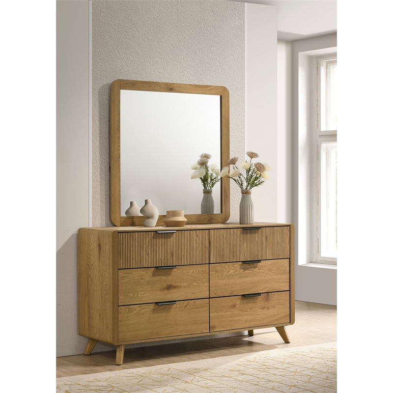 Pemberly Row 6-Drawer Mid-Century Dresser and Mirror Set in Light Oak