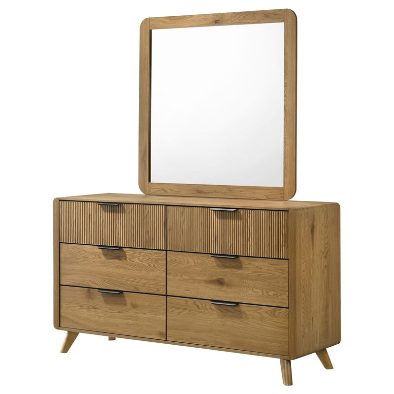 Pemberly Row 6-Drawer Mid-Century Dresser and Mirror Set in Light Oak
