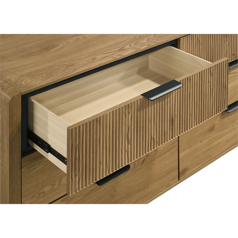 Pemberly Row 6-Drawer Mid-Century Dresser and Mirror Set in Light Oak