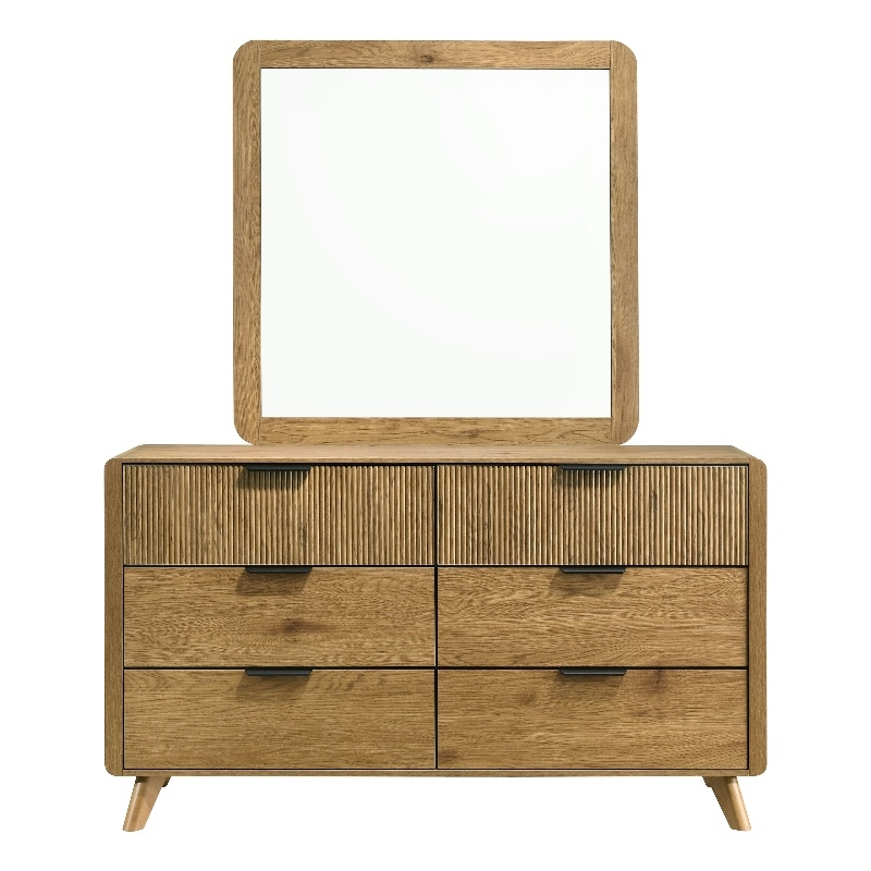 Pemberly Row 6-Drawer Mid-Century Dresser and Mirror Set in Light Oak