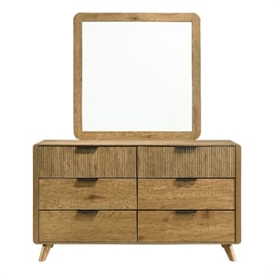 Pemberly Row 6-Drawer Mid-Century Dresser and Mirror Set in Light Oak