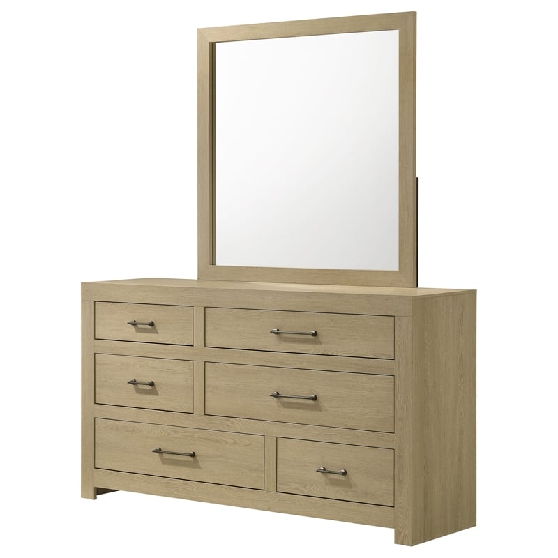 Pemberly Row 6-Drawer Transitional Dresser and Mirror in Light Oak