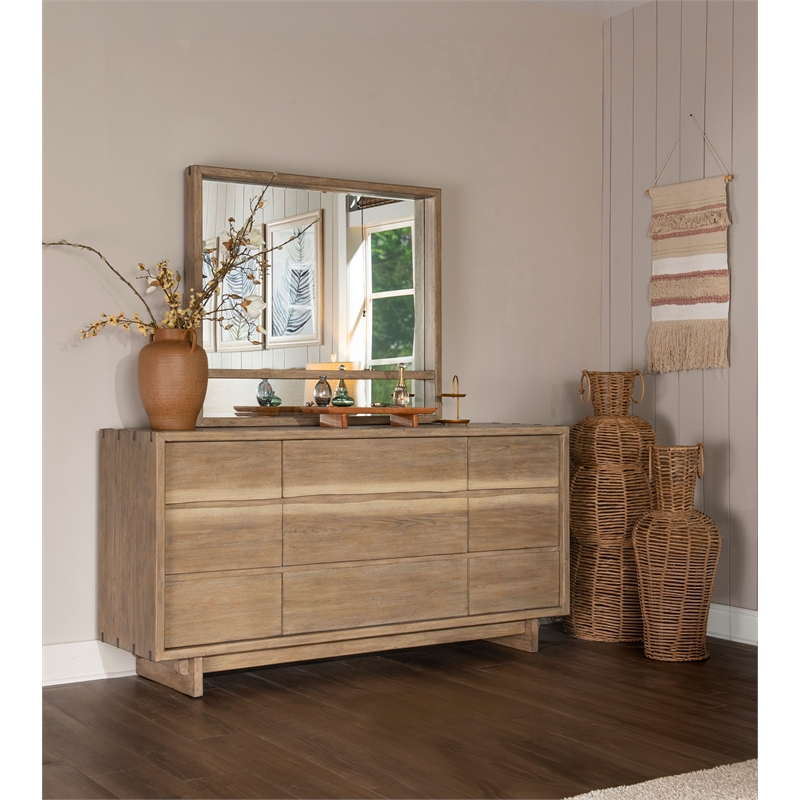 Pemberly Row 9-Drawer Rustic Wood Dresser with Mirror in Weathered Oak