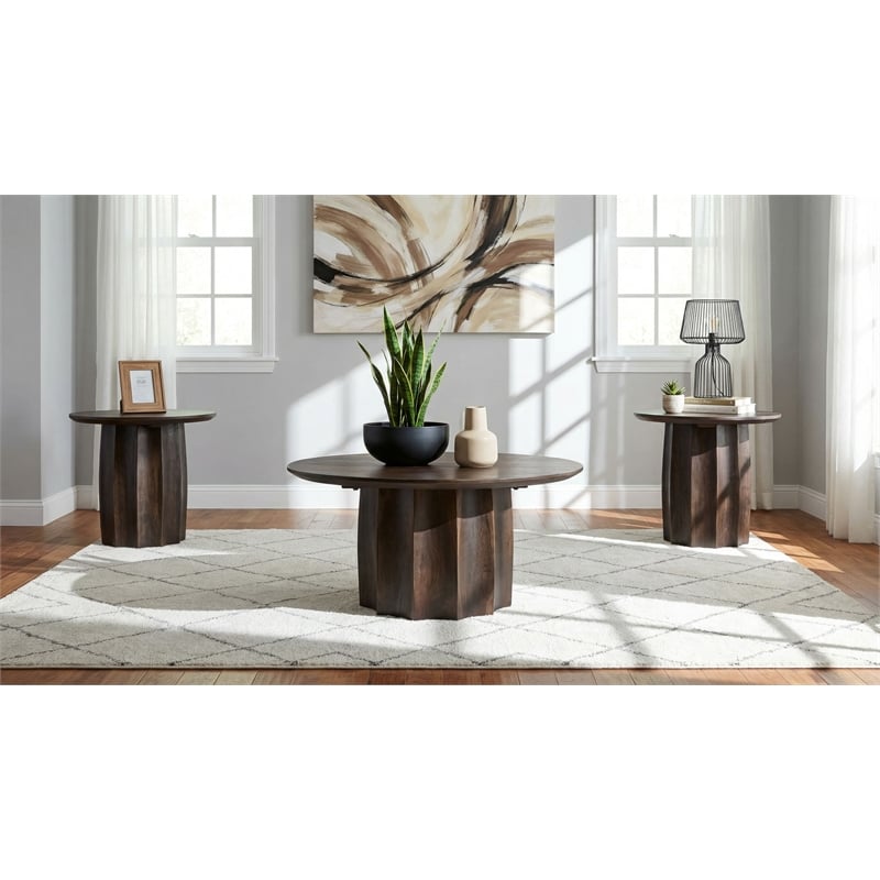 Pemberly Row 3-Piece Round Mango Wood Coffee Table Set in Walnut