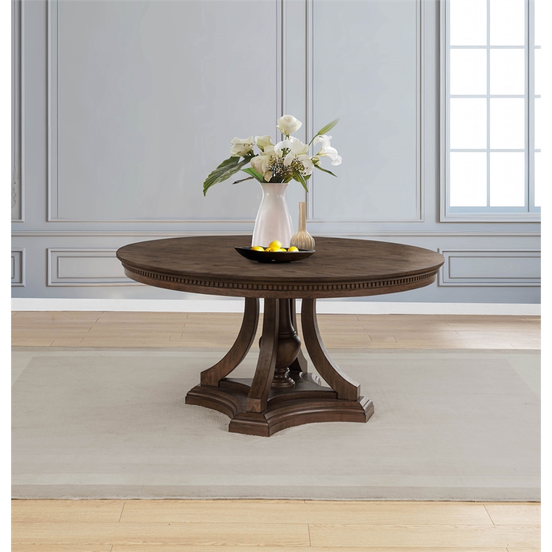 Pemberly Row Round Pedestal Traditional Wood Dining Table in Dark Oak