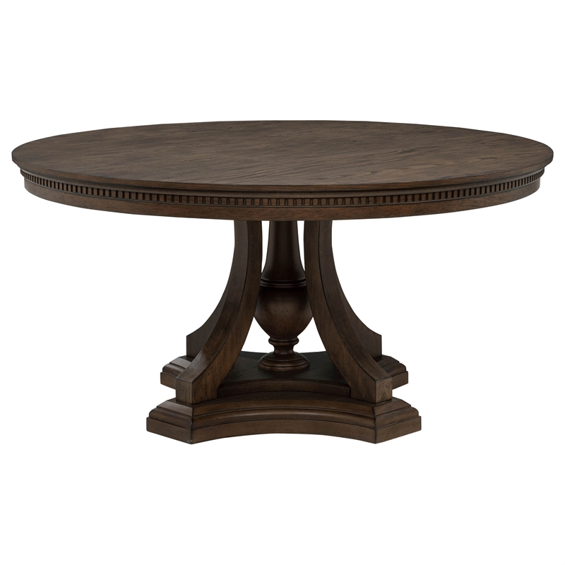 Pemberly Row Round Pedestal Traditional Wood Dining Table in Dark Oak