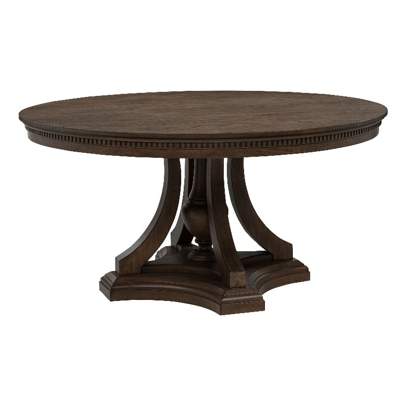 Pemberly Row Round Pedestal Traditional Wood Dining Table in Dark Oak