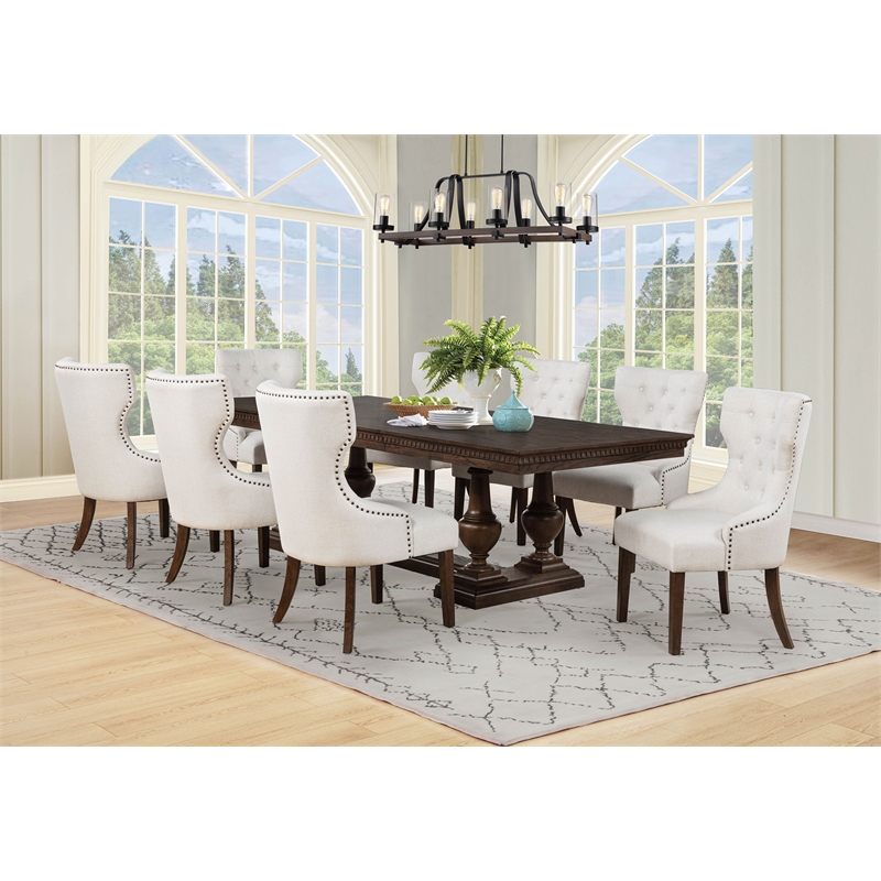 Pemberly Row 9-Piece Rectangular Wood Trestle Dining Set in Dark Oak