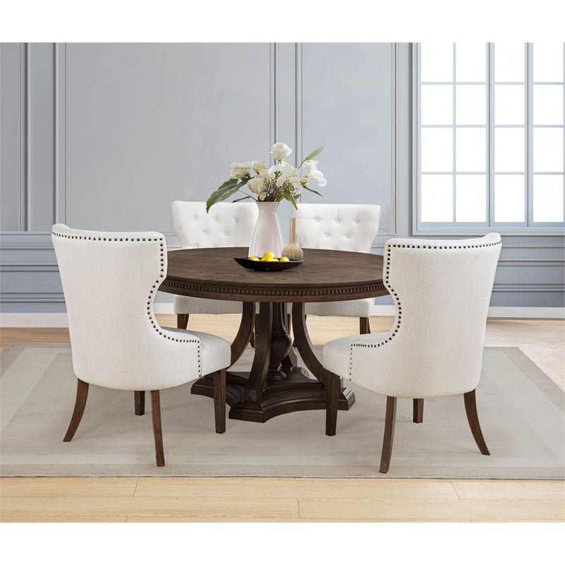 Pemberly Row 5-Piece Round Wood Pedestal Dining Set in Dark Oak/Beige