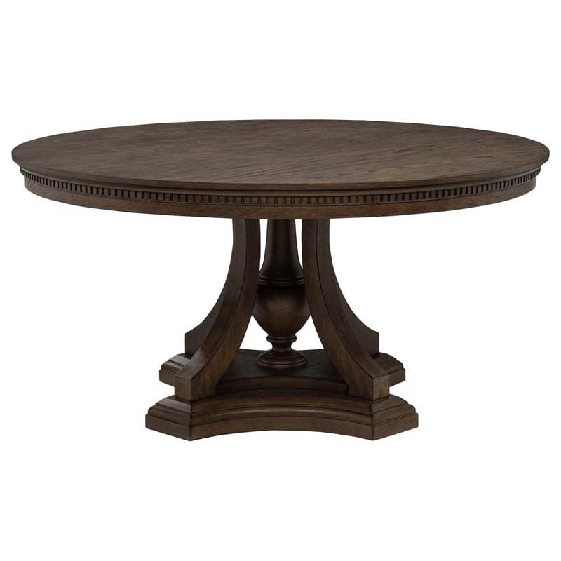 Pemberly Row 5-Piece Round Wood Pedestal Dining Set in Dark Oak/Beige