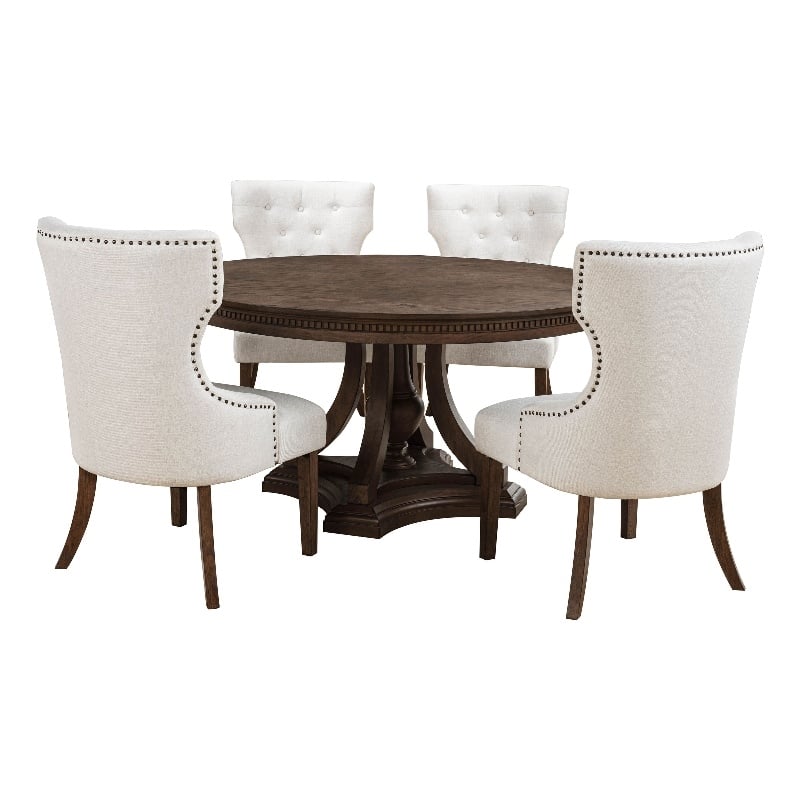 Pemberly Row 5-Piece Round Wood Pedestal Dining Set in Dark Oak/Beige