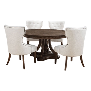 Pemberly Row 5-Piece Round Wood Pedestal Dining Set in Dark Oak/Beige