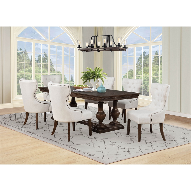 Pemberly Row 7-Piece Rectangular Wood Trestle Dining Set in Dark Oak
