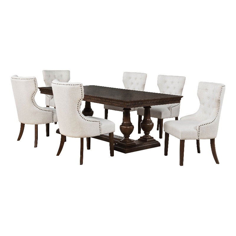 Pemberly Row 7-Piece Rectangular Wood Trestle Dining Set in Dark Oak