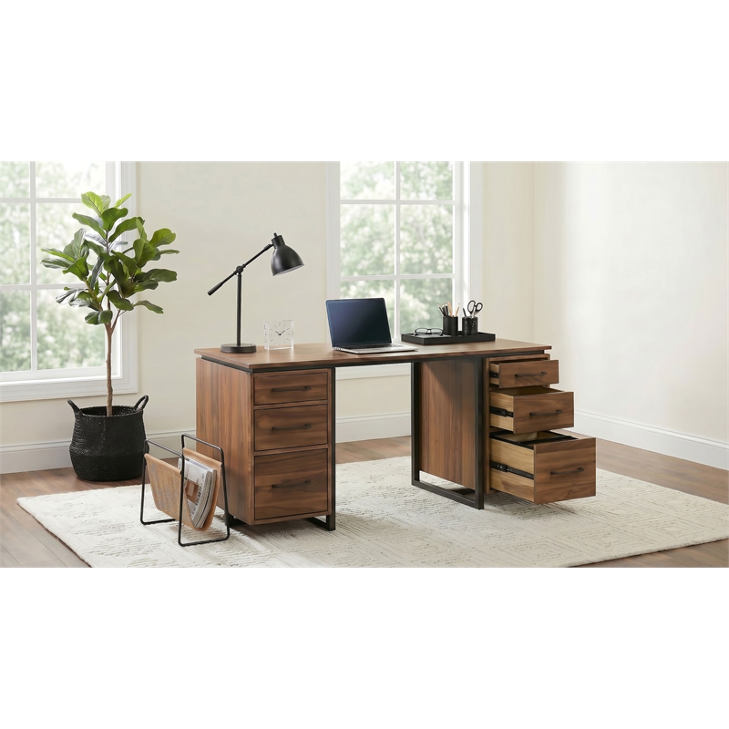 Pemberly Row 6-Drawer Transitional Wood Computer Desk in Walnut/Black