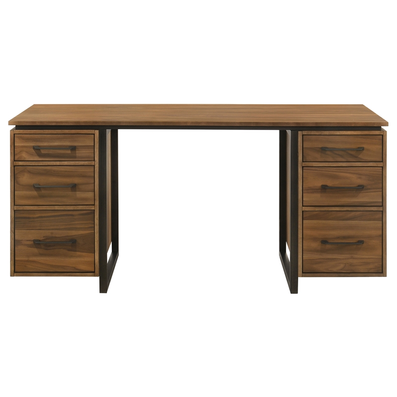 Pemberly Row 6-Drawer Transitional Wood Computer Desk in Walnut/Black