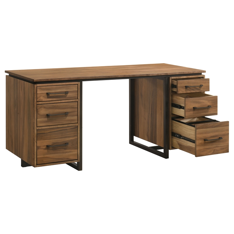 Pemberly Row 6-Drawer Transitional Wood Computer Desk in Walnut/Black