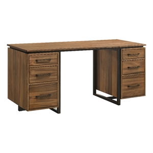 Pemberly Row 6-Drawer Transitional Wood Computer Desk in Walnut/Black