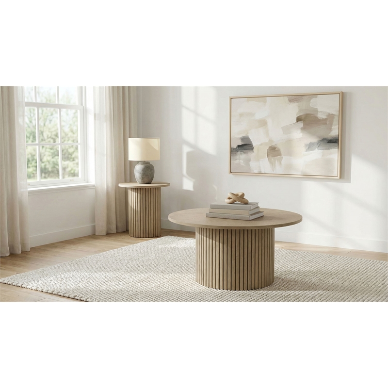 Pemberly Row 2-Piece Round Fluted Coffee and End Table Set in Natural Oak