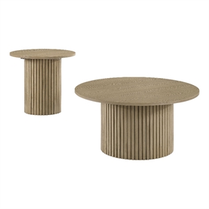 Pemberly Row 2-Piece Round Fluted Coffee and End Table Set in Natural Oak